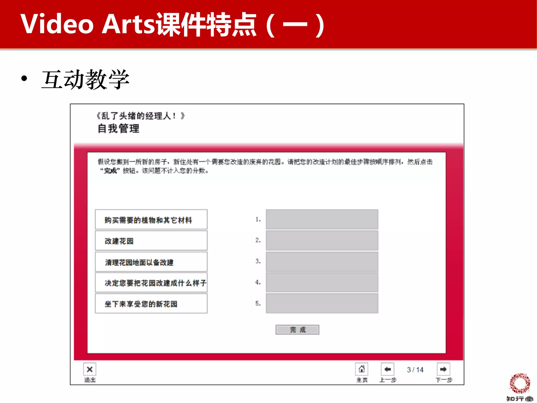 Video Arts课件特点（一）

• 互动教学
 