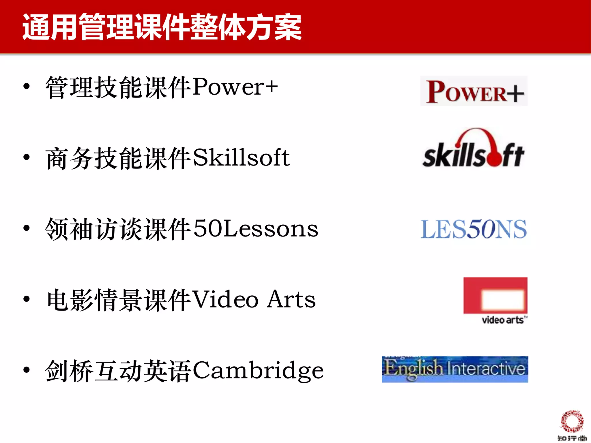 通用管理课件整体方案

• 管理技能课件Power+

• 商务技能课件Skillsoft

• 领袖访谈课件50Lessons

• 电影情景课件Video Arts

• 剑桥互动英语Cambridge
 
