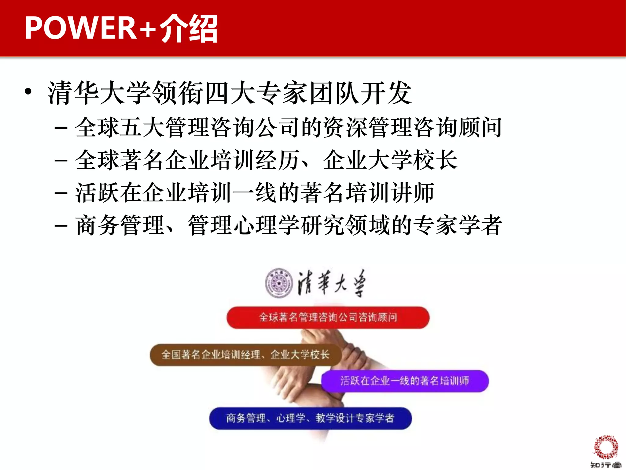 POWER+介绍

• 清华大学领衔四大专家团队开发
 –   全球五大管理咨询公司的资深管理咨询顾问
 –   全球著名企业培训经历、企业大学校长
 –   活跃在企业培训一线的著名培训讲师
 –   商务管理、管理心理学研究领域的专家学者
 