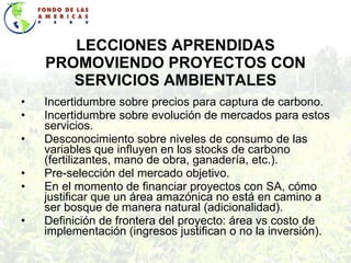 LECCIONES APRENDIDAS PROMOVIENDO PROYECTOS CON SERVICIOS AMBIENTALES Incertidumbre sobre precios para captura de carbono. Incertidumbre sobre evolución de mercados para estos servicios. Desconocimiento sobre niveles de consumo de las variables que influyen en los stocks de carbono (fertilizantes, mano de obra, ganadería, etc.). Pre-selección del mercado objetivo. En el momento de financiar proyectos con SA, cómo justificar que un área amazónica no está en camino a ser bosque de manera natural (adicionalidad). Definición de frontera del proyecto: área vs costo de implementación (ingresos justifican o no la inversión). 