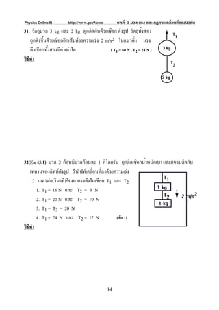 Physics Online III      http://www.pec9.com         บทที่ 3 มวล แรง และ กฏการเคลื่อนที่ของนิวตัน
31. วัตถุมวล 3 kg และ 2 kg ผูกติดกันดวยเชือก ดังรูป วัตถุทั้งสอง
    ถูกดึงขึ้นดวยเชือกอีกเสนดวยความเรง 2 m/s2 ในแนวดิ่ง แรง
    ดึงเชือกทั้งสองมีคาเทาใด                 ( T1 = 60 N , T2 = 24 N )
วิธีทํา




32(En 43/1) มวล 2 กอนมีมวลกอนละ 1 กิโลกรัม ผูกติดเชือกน้ําหนักเบา และแขวนติดกับ
    เพดานของลิฟทดังรูป ถาลิฟทเคลื่อนที่ลงดวยความเรง
      2 เมตรตอ(วินาที)2จงหาแรงดึงในเชือก T1 และ T2
        1. T1 = 16 N และ T2 = 8 N
        2. T1 = 20 N และ T2 = 10 N
        3. T1 = T2 = 20 N
        4. T1 = 24 N และ T2 = 12 N               (ขอ 1)
วิธีทํา




                                              14
 