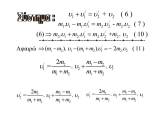 υ1 + υ = υ + υ 2 ( 6 )
                                  /
                                  1
                                            /
                                            2
                    m1.υ1 − m1.υ = m2 .υ - m2 .υ 2 ( 7 )
                                      /
                                      1
                                                        /
                                                        2

         (6) ⇒ m2 .υ1 + m2 .υ = m2 .υ +m2 . υ 2 ( 10 )
                                  /
                                  1
                                                    /
                                                    2


Αφαιρώ ⇒ (m1 − m2 ). υ1 − (m1 + m2 ).υ = − 2m2 .υ2 ( 11 )
                                                /
                                                1


                2m2           m1 − m2
           υ =
            /
            1          . υ2 +         . υ1
               m1 + m2        m1 + m2

     2m1           m2 − m1                 2m2           m1 − m2
υ =
 /
            . υ1 +         . υ2       υ =
                                       /
                                       1          . υ2 +         . υ1
 2
    m1 + m2        m1 + m2                m1 + m2        m1 + m2
 