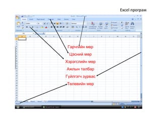 Excel програм




 Гарчгийн мөр
 Цэсний мөр
Хэрэгслийн мөр
Ажлын талбар
Гүйлгэгч зурвас
Төлөвийн мөр
 