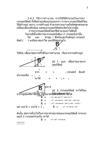 3



            2.4.2 วิธ ีก ารคำา นวณ การใช้วิธีคำานวณในการหา
เวกเตอร์ลัพธ์ ก็เพื่อคำาถูกต้องแน่นอนกว่า การหาเวกเตอร์ลัพธ์โดย
วิธีสร้างรูป เพราะ การสร้างรูป ถ้าลากความยาวหรือทิศลูกศรคลาด
เคลื่อนเพียงเล็กน้อย ผลของเวกเตอร์ลัพธ์จะผิดไปจากเดิม
             การหาเวกเตอร์ลัพธ์โดยวิธีคำานวณหาได้ดังนี้
         ในกรณีนี้จะพิจารณาเวกเตอร์เพียง 2 เวกเตอร์เท่านั้น
            ให้    และ
                    
                    A
                            ทำามุม  ซึ่งกันและกันดังรูป เวกเตอร์
                                  
                                  B



ลัพธ์ (     ) จะมีขนาดเท่าใด และมีทิศอย่างไร
                                                       
        
        R




                                                       B
                                                       θ
วิธ ีค ิด เพื่อหาสมการที่ใช้ในการคำานวณ เริ่มจากการสร้างรูป
                          
                y
                          B                       รูป 1. แยก เพื่อหาขนาดเวก
                          θ                       เตอร์ลัพธ์
                              x
                         จาก          
                                      R
                                          =   
                                              A
                                                   +   
                                                       B
                                                                       , เวกเตอร์   
                                                                                    B
                                                                                        มีองค์
ประกอบคือ   
            B
                X       , Y
                          
                          B



                         จะได้            
                                          R
                                              =    
                                                   A
                                                       +   
                                                           B
                                                               X   +    
                                                                        B
                                                                            Y



                              
                              B           sin θ
                         รูป 2. เวกเตอร์ลัพธ์ หาได้โดย
                 θ
                         ใช้กฎพิทาธอรัส
จากกฎของพิทาธอรัส หาขนาดของเวกเตอร์ จะได้
                  cos θ
                    R =                              Bcos )2+ sin )2
                                                  ( A+  θ   (B  θ



                    R =                            2
                                                  A + cos +
                                                     2AB θ  2  2
                                                           B cos +
                                                                θ  2  2
                                                                  B sinθ



                    R =                            2
                                                  A +2AB θ + ( cos +2 )
                                                       cos B2    2
                                                                  θ sinθ



แต่ cos2θ + sin2θ = 1 ,   R =                                       2
                                                                   A +2AB θ +
                                                                        cos B2




ดังนั้น สมการทั่วๆไปในการหาค่าขนาดของเวกเตอร์ลัพธ์ จากเวก
เตอร์ 2 เวกเตอร์รวมกัน จะได้
                     R =                           2  2
                                                  A + +
                                                     B  2AB θ
                                                          cos



******
 