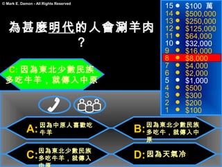 15   $100 萬
© Mark E. Damon - All Rights Reserved

                                               14   $500,000
                                               13   $250,000
   為甚麼明代的人會涮羊肉                                 12   $125,000
                                               11   $64,000
        ？                                      10   $32,000
                                               9    $16,000
                                               8    $8,000
                                               7    $4,000
 C: 因為東北少數民族                                   6    $2,000
 多吃牛羊，就傳入中原                                    5    $1,000
                                               4    $500
                                               3    $300
                                               2    $200
                                               1    $100
                    因為中原人喜歡吃                 因為東北少數民族
             A:     牛羊                  B:   多吃牛，就傳入中
                                             原
                   因為東北少數民族
             C:    多吃牛羊，就傳入             D: 因為天氣冷
 