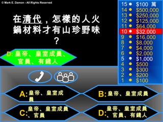 15   $100 萬
© Mark E. Damon - All Rights Reserved

                                            14   $500,000
                                            13   $250,000
        在清代，怎樣的人火                           12   $125,000
                                            11   $64,000
        鍋材料才有山珍野味                           10   $32,000
                                            9    $16,000
            ？                               8    $8,000
                                            7    $4,000
   D: 皇帝、皇室成員、                              6    $2,000
                                            5    $1,000
      官員、有錢人                                4    $500
                                            3    $300
                                            2    $200
                                            1    $100

             A: 皇帝、皇室成                  B: 皇帝、皇室成員
                   員
               皇帝、皇室成員                    皇帝、皇室成員
             C:、官員                      D:、官員、有錢人
 