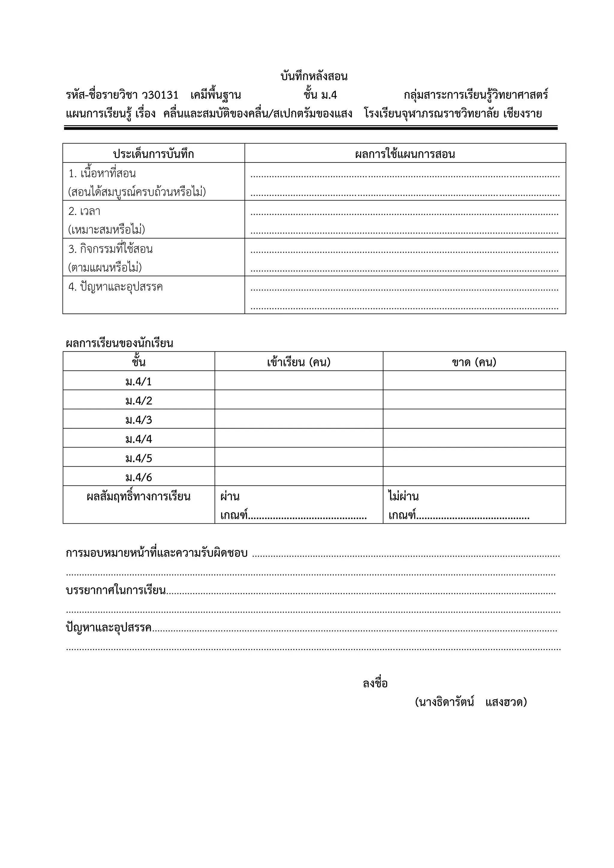 บันทึกหลังสอน
รหัส-ชื่อรายวิชา ว30131 เคมีพื้นฐาน                ชั้น ม.4         กลุ่มสาระการเรียนรู้วิทยาศาสตร์
แผนการเรียนรู้ เรื่อง คลื่นและสมบัติของคลื่น/สเปกตรัมของแสง โรงเรียนจุฬาภรณราชวิทยาลัย เชียงราย

           ประเด็นการบันทึก                                                 ผลการใช้แผนการสอน
1. เนื้อหาที่สอน                     ....................................................................................................................
(สอนได้สมบูรณ์ครบถ้วนหรือไม่)        ....................................................................................................................
2. เวลา                              ....................................................................................................................
(เหมาะสมหรือไม่)                     ....................................................................................................................
3. กิจกรรมที่ใช้สอน                  ....................................................................................................................
(ตามแผนหรือไม่)                      ....................................................................................................................
4. ปัญหาและอุปสรรค                   ....................................................................................................................
                                     ....................................................................................................................

ผลการเรียนของนักเรียน
            ชั้น                           เข้าเรียน (คน)                                                       ขาด (คน)
           ม.4/1
           ม.4/2
           ม.4/3
           ม.4/4
           ม.4/5
           ม.4/6
   ผลสัมฤทธิ์ทางการเรียน        ผ่าน                                                    ไม่ผ่าน
                                เกณฑ์…………………………………….                                    เกณฑ์…………………………………..

การมอบหมายหน้าที่และความรับผิดชอบ ………………………………………………………………………………………………………
……………………………………………………………………………………………………………………………………………………………………
บรรยากาศในการเรียน………………………………………………………….………………………………………………………………………
………………………………………………..……………………………………………………………………………………………………………………
ปัญหาและอุปสรรค……………………………………………………….………………………………………………………………………………
……………………………………………………………………………………………………………..………………………………………………………

                                                                               ลงชื่อ
                                                                                                  (นางธิดารัตน์ แสงฮวด)
 