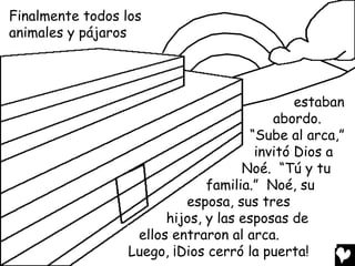 Finalmente todos los
animales y pájaros




                                               estaban
                                           abordo.
                                       “Sube al arca,”
                                        invitó Dios a
                                     Noé. “Tú y tu
                               familia.” Noé, su
                           esposa, sus tres
                        hijos, y las esposas de
                   ellos entraron al arca.
                  Luego, ¡Dios cerró la puerta!
 