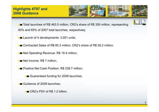 Highlights 4T07 and
2008 Guidance
Total launches of R$ 463.5 million, CR2’s share of R$ 350 million, representing
60% and 65% of 2007 total launches respectively;60% and 65% of 2007 total launches, respectively;
Launch of 4 developments: 3,051 units;
Contracted Sales of R$ 85.3 million, CR2’s share of R$ 59.2 million;
Net Operating Revenue: R$ 19.4 million;
Net Income: R$ 7 million;
Positive Net Cash Position: R$ 238 7 million;Positive Net Cash Position: R$ 238.7 million;
Guaranteed funding for 2008 launches;
Guidance of 2008 launches;
CR2’s PSV of R$ 1.2 billion.
7
 