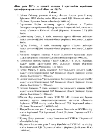 «Птах року 2017» за кращий малюнок і креативність сприйняття
орнітофауни в рамках акції «Птах року 2017»:
І місце:
1. Цвілюк Світлану, ученицю 6 класу, Фальша Артура, учня 8 класу
Ярівського НВК відділу освіти Шаргородської РДА Вінницької області
(Керівник: Кратасюк Людмила Іванівна) (100 балів).
2. Пархоменко Надію, вихованку гуртка «Зроблено в Україні»
Вишгородського районного Центру художньої творчості дітей, юнацтва та
молоді «Дивосвіт» Київської області (Керівник: Клименко С.С.) (100
балів).
3. Доброгорську Софію, 9 років, вихованку гуртка «Пісочна Анімація»
Васильківського ЦДЮТ Київської області (Керівник: Коваленко О.В.) (100
балів).
4. Гур’єву Євгенію, 10 років, вихованку гуртка «Пісочна Анімація»
Васильківського ЦДЮТ Київської області (Керівник: Коваленко О.В.) (100
балів).
5. Клименко Катерину, ученицю 9 класу Львівського художнього ліцею
м. Львів (Керівник: Жишкович Христина Володимирівна) (100 балів).
6. Попруженко Марину, ученицю 4 класу ЗОШ № 3 І-ІІІ ст. м. Трускавець
відділу освіти Дрогобицької РЛА Львівської області (Керівник:
Замлинська Оксана Миколаївна) (100 балів).
7. Наумік Мілену, 8 років, вихованку Костопільського міського БШЮ
відділу освіти Костопільської РДА Рівненської області (Керівник: Снітко
Максим Валерійович) (100 балів).
8. Салівончика Максима, 9 років, вихованця Костопільського міського БШЮ
відділу освіти Костопільської РДА Рівненської області (Керівник: Снітко
Максим Валерійович) (100 балів).
9. Вітошко Вікторію, 9 років, вихованку Костопільського міського БШЮ
відділу освіти Костопільської РДА Рівненської області (Керівник: Снітко
Максим Валерійович) (100 балів).
10.Мизюк Яну, ученицю 10 класу, ЗОШ №1 І-ІІІ ступеню смт Борова,
вихованку гуртка декоративно-прикладного мистецтва «Дивосвіт»
Борівсього БДЮТ відділу освіти Борівської РДА Харківської області
(Керівник: Калмикова О.Н.) (100 балів).
11.Путрю Владислава, учня 5 класу, вихованця Покотилівської СЮН відділу
освіти Харківської РДА Харківської області (Керівник: Глуховецька В.В.)
(100 балів).
12.Гулієву Діану, ученицю 11 класу Новокаховської ЗОШ № 5 Херсонської
області (100 балів).
13.Проценка Владислава, учня 7 класу Коробківської ЗОШ I-III ст. відділу
освіти Каховської РДА Херсонської області (Керівник:Делійовська Н.А.)
(100 балів).
 