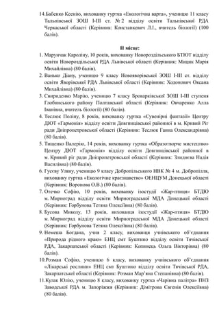 14.Бабенко Ксенію, вихованку гуртка «Екологічна варта», ученицю 11 класу
Тальнівської ЗОШ І-ІІІ ст. № 2 відділу освіти Тальнівської РДА
Черкаської області (Керівник: Констанкевич Л.І., вчитель біології) (100
балів).
ІІ місце:
1. Марунчак Кароліну, 10 років, вихованку Новороздільського БТЮТ відділу
освіти Новороздільської РДА Львівської області (Керівник: Мицик Марія
Михайлівна) (80 балів).
2. Ванько Діану, ученицю 9 класу Новояворівської ЗОШ І-ІІІ ст. відділу
освіти Яворівської РДА Львівської області (Керівник: Ходонович Оксана
Михайлівна) (80 балів).
3. Свириденко Марію, ученицю 7 класу Броварківської ЗОШ I-III ступеня
Глобинського району Полтавської області (Керівник: Овчаренко Алла
Іванівна, вчитель біології) (80 балів).
4. Теслюк Поліну, 8 років, вихованку гуртка «Сувенірні фантазії» Центру
ДЮТ «Гармонія» відділу освіти Довгинцівської районної в м. Кривий Ріг
ради Дніпропетровської області (Керівник: Теслюк Ганна Олександрівна)
(80 балів).
5. Тищенко Валерію, 14 років, вихованку гуртка «Образотворче мистецтво»
Центру ДЮТ «Гармонія» відділу освіти Довгинцівської районної в
м. Кривий ріг ради Дніпропетровської області (Керівник: Злиднєва Надія
Василівна) (80 балів).
6. Гусєву Уляну, ученицю 9 класу Добропільського НВК № 4 м. Добропілля,
вихованку гуртка «Екологічне краєзнавство» ОЕНЦУМ Донецької області
(Керівник: Воронова О.В.) (80 балів).
7. Отечко Софію, 10 років, вихованку ізостудії «Жар-птиця» БТДЮ
м. Мирноград відділу освіти Мирноградської МДА Донецької області
(Керівник: Горбунова Тетяна Олексіївна) (80 балів).
8. Бусова Миколу, 13 років, вихованця ізостудії «Жар-птиця» БТДЮ
м. Мирноград відділу освіти Мирноградської МДА Донецької області
(Керівник: Горбунова Тетяна Олексіївна) (80 балів).
9. Немеша Богдана, учня 2 класу, вихованця учнівського об’єднання
«Природа рідного краю» ЕНЦ смт Буштино відділу освіти Тячівської
РДА, Закарпатської області (Керівник: Копинець Ольга Вікторівна) (80
балів).
10.Розман Софію, ученицю 6 класу, вихованку учнівського об’єднання
«Лікарські рослини» ЕНЦ смт Буштино відділу освіти Тячівської РДА,
Закарпатської області (Керівник: Розман Мар’яна Степанівна) (80 балів).
11.Кулак Юлію, ученицю 8 класу, вихованку гуртка «Чарівна палітра» ПНЗ
Заводської РДА м. Запоріжжя (Керівник: Дімітрова Євгенія Олексіївна)
(80 балів).
 