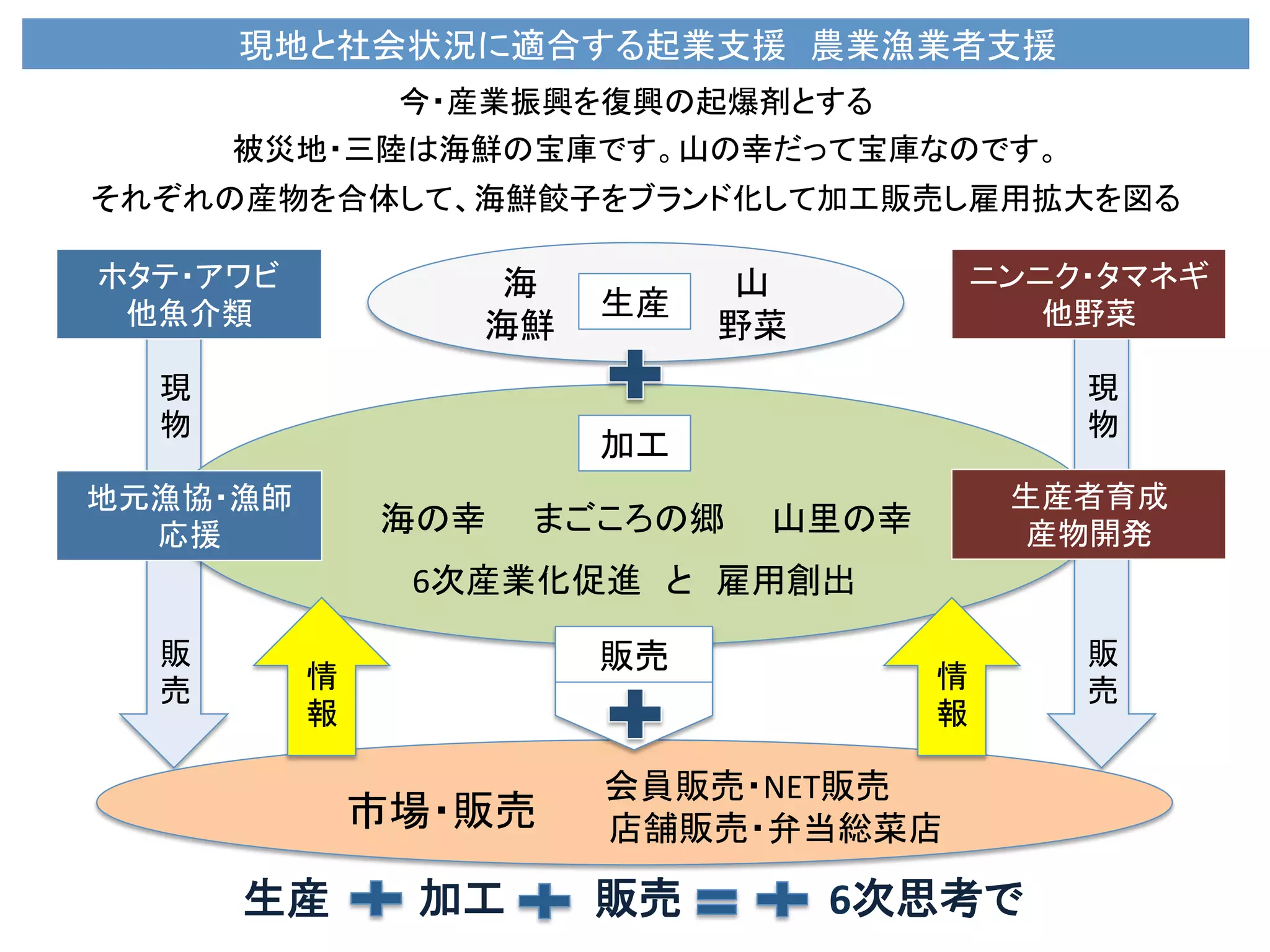 現地 社会状況 適合            起業支援 農業漁業者支援
                産業振興 復興 起 剤                 
      被災地   陸   海鮮 宝庫  山 幸                宝庫                 
       産物 合体     海鮮餃子           ン          販売           用   大         

      ワ           海                 山                   ン                 
 他魚   類 
             生産                                    他   菜
                 海鮮                  菜
  現                                                        現
  物                                                        物
    
                                                            
                         
    
地元漁協 漁師                                                     
                                                        生産者育成 
            海 幸                 郷    山     幸    
    
  応援 
                                                      
                                                         産物開発 
             6 産業       進           用創出
                    
                                                            
  販                   販売                                   販
  売      情                                         情       売
         報
                                        報

                        会員販売 NET販売 
            市場 販売
      店舗販売 弁当総菜店 

      生産              販売                  6 思考 
 