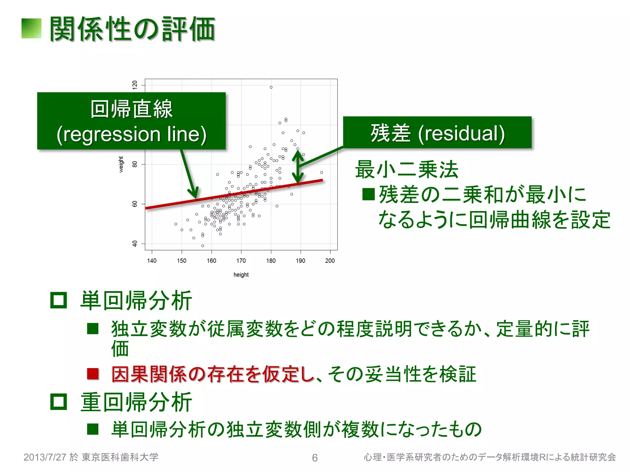 関係性の評価
 単回帰分析
 独立変数が従属変数をどの程度説明できるか、定量的に評
価
 因果関係の存在を仮定し、その妥当性を検証
 重回帰分析
 単回帰分析の独立変数側が複数になったもの
2013/7/27 於 東京医科歯科大学 心理・医学系研究者のためのデータ解析環境Rによる統計研究会6
残差 (residual)
最小二乗法
残差の二乗和が最小に
なるように回帰曲線を設定
回帰直線
(regression line)
 