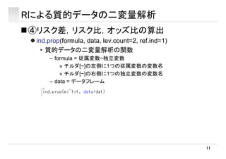 Rによる質的データの二変量解析
④リスク差，リスク比，オッズ比の算出
 ind.prop(formula, data, lev.count=2, ref.ind=1)p p( , , , )
• 質的データの二変量解析の関数
– formula = 従属変数~独立変数
» チルダ[~]の左側に1つの従属変数の変数名
» チルダ[~]の右側に1つの独立変数の変数名
d t デ タ レ ム– data = データフレーム
11
 