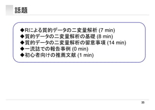 話題
Rによる質的データの二変量解析 (7 min)Rによる質的データの二変量解析 (7 min)
質的データの二変量解析の基礎 (8 min)
質的データの二変量解析の留意事項 (14 min)質的データの二変量解析の留意事項 (14 min)
一流誌での報告事例 (0 min)
初心者向けの推薦文献 (1 min)初心者向けの推薦文献 (1 min)
35
 