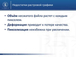 Высшая школа экономики, Москва, 2013
• Объём несжатого файла растет с каждым
пикселем.
• Деформация приводит к потере качества.
• Пикселизация неизбежна при увеличении.
 