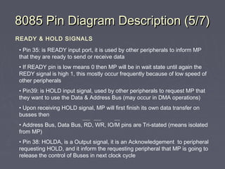 8085 Pin Diagram Description (5/7)8085 Pin Diagram Description (5/7)
READY & HOLD SIGNALS
• Pin 35: is READY input port, it is used by other peripherals to inform MP
that they are ready to send or receive data
• If READY pin is low means 0 then MP will be in wait state until again the
REDY signal is high 1, this mostly occur frequently because of low speed of
other peripherals
• Pin39: is HOLD input signal, used by other peripherals to request MP that
they want to use the Data & Address Bus (may occur in DMA operations)
• Upon receiving HOLD signal, MP will first finish its own data transfer on
busses then
• Address Bus, Data Bus, RD, WR, IO/M pins are Tri-stated (means isolated
from MP)
• Pin 38: HOLDA, is a Output signal, it is an Acknowledgement to peripheral
requesting HOLD, and it inform the requesting peripheral that MP is going to
release the control of Buses in next clock cycle
 