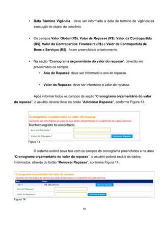• Data Término Vigência : deve ser informada a data de término de vigência da
execução do objeto do convênio.
• Os campos Valor Global (R$), Valor de Repasse (R$), Valor da Contrapartida
(R$), Valor da Contrapartida Financeira (R$) e Valor da Contrapartida de
Bens e Serviços (R$), foram preenchidos anteriormente.
• Na seção “Cronograma orçamentário do valor do repasse”, deverão ser
preenchidos os campos:
• Ano do Repasse: deve ser informado o ano do repasse.
• Valor do Repasse: deve ser informado o valor de repasse.
Após informar todos os campos da seção “Cronograma orçamentário do valor
do repasse”, o usuário deverá clicar no botão “Adicionar Repasse”, conforme Figura 13.
Figura 13
O sistema exibirá nova tela com os campos do cronograma preenchidos e na área
“Cronograma orçamentário do valor do repasse”, o usuário poderá excluir os dados
informados, através do botão “Remover Repasse”, conforme Figura 14.
Figura 14
19
 