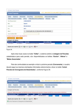 Figura 38
Após clicar duas vezes no botão “Voltar”, o sistema exibirá a Listagem de Parcelas
cadastradas e para cada parcela, são disponibilizados os botões: “Excluir”, “Alterar” e
“Metas Associadas”.
Para dar continuidade ao exemplo e incluir a próxima parcela (Convenente), o usuário
deverá seguir as mesmas orientações informadas anteriormente e clicar no botão “Incluir
Parcela do Cronograma de Desembolso”, conforme Figura 39.
Figura 39
42
 
