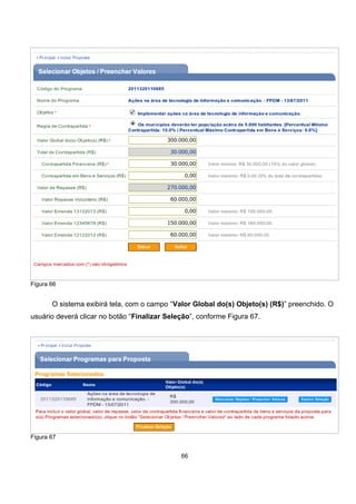 Figura 66
O sistema exibirá tela, com o campo “Valor Global do(s) Objeto(s) (R$)” preenchido. O
usuário deverá clicar no botão “Finalizar Seleção”, conforme Figura 67.
Figura 67
66
 