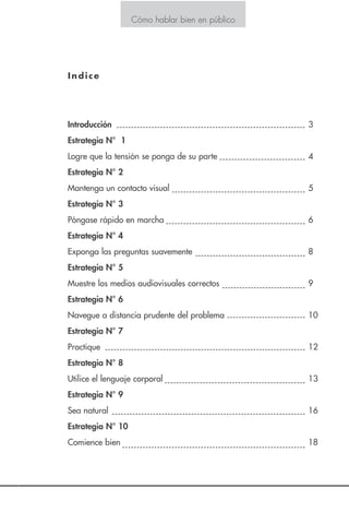 Indice
Introducción 3
Estrategia N° 1
Logre que la tensión se ponga de su parte 4
Estrategia N° 2
Mantenga un contacto visual 5
Estrategia N° 3
Póngase rápido en marcha 6
Estrategia N° 4
Exponga las preguntas suavemente 8
Estrategia N° 5
Muestre los medios audiovisuales correctos 9
Estrategia N° 6
Navegue a distancia prudente del problema 10
Estrategia N° 7
Practique 12
Estrategia N° 8
Utilice el lenguaje corporal 13
Estrategia N° 9
Sea natural 16
Estrategia N° 10
Comience bien 18
Cómo hablar bien en públicoCómo hablar bien en público
“Para hacer escuchar lo que decimos, es menester poner-
nos en el lugar de aquellos a quienes nos dirigimos”
J.J. Rousseau
 
