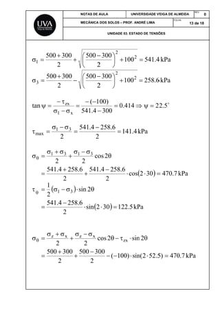 1
3
tan
ma



2
500 

2
500

n
1


1
ax


4.541
2
1




4.541
2
1
1


2
500
2
z




2
300


2
300


x
zx



2
3


2
.2584
13





2
.2584
s3


2
300
x





NOTAS DE A
MECÂNICA
2
500


 
2
500


 
4.541
1(


2
4.541 
5416
co
2
3


2sin
6
2sin


2
30500
c
2
xz


AULA
DOS SOLOS
UNIDAD
2
300
2



2
300
2



300
)00


6.258

2
2584.
2os


 1302 
1(
00
2cos


UNIV
– PROF. AN
DE 03. ESTAD
1002

1002

414.0 
k4.141
cos
6.8

kP5.122
sin)100
sinzx


ERSIDADE V
DRÉ LIMA
DO DE TENSÕ
4.541
6.258
2
kPa
 302 
Pa
5.522n(
2n


VEIGA DE ALM
FOLH
ÕES
kPa4
kPa6

5.2
k7.470
470)5 
MEIDA
REV
HA:
13 de
kPa
kPa7.0
V.
0
18
 