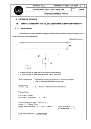 3
3
3.
a car
3. ESTADO
3.1. TENS
1.1 Gene
Em um p
rregamentos
'v= tensã
'h= tensã
Solos Sed
'h = ko .
Valores tí
ko = 0,4 a
ko = 0,5 a
Correlaçõ
Areias: ko
Argilas so
ko em So
′
↑ ∴↑↑ 	
O DE TENS
SÕES HORIZ
eralidades
ponto P exist
externos ap
ão normal ao
ão normal ao
dimentares
'v
ípicos:
a 0,5 (Areias)
a 0,7 (Argilas
ões Empírica
o = 1 – sen 
obreadensad
los Residuai
NOTAS DE A
MECÂNICA
SÕES
ZONTAIS N
tem tensões
licados.
o plano horiz
o plano vertic
Depende
→ ko (coe
(ko → def
)
s)  ↑ ko 
as para obten
’ (Jaki)
das: ko = (1 –
s → Difícil A
AULA
DOS SOLOS
UNIDAD
OS SOLOS
(Força por u
zontal (tensão
cal (tensão e
da constituiç
eficiente de
finido em term
 ↑IP
nção de ko:
– sen ’). (RS
Avaliação
Pl
′
UNIV
– PROF. AN
DE 03. ESTAD
E COEFICIE
unidade de á
o efetiva vert
efetiva horizo
ção do solo e
Empuxo no
mos de tensõ
SA)sen ’

Pla
ano Vertica
′
∙
ERSIDADE V
DRÉ LIMA
DO DE TENSÕ
ENTE DE EM
área) devidas
tical)
ontal)
e do histórico
Repouso)
ões efetivas)
função da R
em alguns s
ano Horizont
l
VEIGA DE ALM
FOLH
ÕES
MPUXO NO
s ao peso pr
o de tensões
)
RSA ou OCR
solos ko  1,0
tal
MEIDA
REV
HA:
3 de
REPOUSO:
róprio do sol
s
R
0
V.
0
18
lo e
 