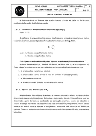 pedo
3.
horizo
Esse
3.
deter
deter
ensai
altera
medid
labor
A determ
lógico de for
1.2 Determ
(Sieira, 2
O coefici
ontais e vert
onde: ’
’v
Esta exp
A tensão
s valores, em
1. A tensã
2. A tensã
3. A poro
4. A tensã
1.3 Métod
A determ
rminação das
rminado a p
ios de camp
ação do est
das. Estes d
ratório.
minação de
rmação, de d
minação do
2000)
ente de emp
icais, sob co
h = tensão pr
v = tensão pr
pressão é vá
o efetiva vert
m muitos cas
ão vertical é
ão vertical é
pressão é co
ão horizonta
dos para det
minação do c
s característ
partir da teo
o. No entant
tado inicial d
dois fatores ta
NOTAS DE A
MECÂNICA
h depende
difícil interpre
o coeficiente
puxo lateral n
ondição de de
rincipal horiz
rincipal vertic
álida somen
tical (’v) de
sos, não são
uma tensão
obtida atrav
onhecida;
l é simétrica
terminação
coeficiente d
ticas iniciais
oria da elast
to, a sua det
de tensões
ambém influ
AULA
DOS SOLOS
UNIDAD
e das tensõ
etação.
e de empuxo
no repouso é
eformações
oK 
zontal efetiva
cal efetiva;
nte para a hi
epende dos
o conhecidos
principal;
vés do peso d
em relação
de Ko
de empuxo n
de tensões
ticidade, por
terminação e
e amolgam
enciam o co
UNIV
– PROF. AN
DE 03. ESTAD
ões internas
o no repous
é definido co
horizontais n
v
h
'
'


a;
pótese de s
valores da t
sem erro ap
das camadas
ao eixo verti
no repouso e
e deformaç
r correlaçõe
exata torna-s
mento, provo
omportament
ERSIDADE V
DRÉ LIMA
DO DE TENSÕ
s originais d
so (ko)
omo a relaçã
nulas (Bishop
semi-espaço
tensão total
preciável. Ad
s de solo sob
cal;
está relacion
ções do solo
s empíricas
se difícil princ
cados pela
o de amostra
VEIGA DE ALM
FOLH
ÕES
da rocha o
ão entre as te
p, 1958).
o infinito ho
(v) e da p
dmite-se entã
brejacentes;
nada ao pro
o. Este coefic
s, ensaios d
cipalmente p
introdução
as utilizadas
MEIDA
REV
HA:
4 de
u do proce
ensões efetiv
rizontal.
oropressão
ão, que:
blema geral
ciente pode
e laboratório
por dois fator
do sistema
s em ensaios
V.
0
18
sso
vas
(u).
da
ser
o e
res:
de
s de
 