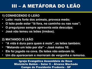III – A METÁFORA DO LEÃO
1) CONHECENDO O LEÃO
• Leão: mais forte dos animais, provoca medo;
• O leão pode estar “lá fora, no caminho ou nas ruas”;
• O preguiçoso sempre apresenta esta desculpa;
• José não temeu os leões (irmãos).
2) MATANDO O LEÃO
• “A vida é dura para quem é mole”, os leões também;
• “Matando um leão por dia” – José matou 10;
• Ele foi jogado na cova. Os leões não estavam lá;
• Um dia apareceram e morreram de vergonha e remorso.
Igreja Evangélica Assembleia de Deus
Ministério Belém – Setor 5 – Álvares Machado
Campo de Presidente Prudente - SP

 