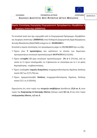 ΕΛΛΗΝΙΚΗ
ΠΕΡΙΦΕΡΕΙΑ ΔΥΤΙΚΗΣ
ΕΥΡΩΠΑΪΚΗ
ΔΗΜΟΚΡΑΤΙΑ
ΜΑΚΕΔΟΝΙΑΣ
ΕΝΩΣΗ
ΕΝΔΙΑΜΕΣΗ ΔΙΑΧΕΙΡΙΣΤΙΚΗ ΑΡΧΗ ΠΕΡΙΦΕΡΕΙΑΣ ΔΥΤΙΚΗΣ ΜΑΚΕΔΟΝΙΑΣ
Πορεία Υλοποίησης Εκχώρησης Επιχειρησιακού Προγράμματος «Περιβάλλον &
Αειφόρος Ανάπτυξη» (ΕΠΠΕΡΑΑ)

Το συνολικό ποσό που έχει εκχωρηθεί από το Επιχειρησιακό Πρόγραμμα «Περιβάλλον
και Αειφόρος Ανάπτυξη» (ΕΠΠΕΡΑΑ) στην Ενδιάμεση Διαχειριστική Αρχή Περιφέρειας
Δυτικής Μακεδονίας (ΕΔΑ/ΠΔΜ) ανέρχεται σε 40.000.000 €.
Συνολικά η πορεία υλοποίησης του προγράμματος μέχρι τις 15/10/2013 έχει ως εξής:
 Έχουν γίνει 9 προσκλήσεις που καλύπτουν το σύνολο των θεματικών
προτεραιοτήτων συνολικού προϋπολογισμού 44.974.591 € (112,4%).
 Έχουν ενταχθεί 13 έργα συνολικού προϋπολογισμού 29, 6 € (74,1%), από τα
οποία τα 11 έχουν ολοκληρωθεί, τα 2 βρίσκονται σε υλοποίηση και το 1 σε φάση
δημοπράτησης - συμβασιοποίησης.
 Έχουν αναληφθεί νομικές δεσμεύσεις συγχρηματοδοτούμενης δημόσιας δαπάνης
ποσού 28,7 εκ. € (71,7%) και
 Έχουν πραγματοποιηθεί δαπάνες συγχρηματοδοτούμενης δημόσιας δαπάνης
ποσού 23,3 εκ. € (58,4%).

Σημειώνεται ότι, στον τομέα των στερεών αποβλήτων διατίθενται 25,0 εκ. €, στον
τομέα της διαχείρισης & διανομής ύδατος (πόσιμο νερό) 8,5 εκ. € και στον τομέα
επεξεργασίας ύδατος , 6,5 εκ. €.

28

30/09/2013

 