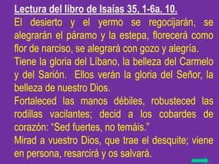 Lectura del libro de Isaías 35, 1-6a. 10.
El desierto y el yermo se regocijarán, se
alegrarán el páramo y la estepa, flore...