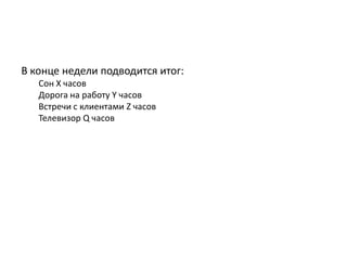 В конце недели подводится итог:
Сон X часов
Дорога на работу Y часов
Встречи с клиентами Z часов
Телевизор Q часов

 