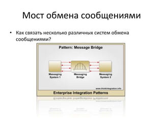 Мост обмена сообщениями
• Как связать несколько различных систем обмена
сообщениями?

 