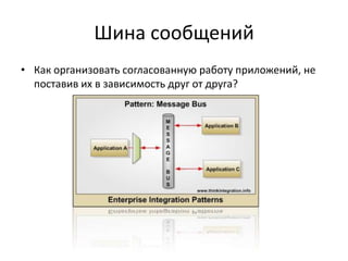 Шина сообщений
• Как организовать согласованную работу приложений, не
поставив их в зависимость друг от друга?

 