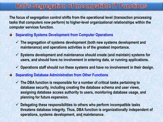 The focus of segregation control shifts from the operational level (transaction processing
tasks that computers now perform) to higher-level organizational relationships within the
computer services function.
Separating Systems Development from Computer Operations

 The segregation of systems development (both new systems development and
maintenance) and operations activities is of the greatest importance.
 Systems development and maintenance should create (and maintain) systems for
users, and should have no involvement in entering data, or running applications.

 Operations staff should run these systems and have no involvement in their design.
Separating Database Administration from Other Functions
 The DBA function is responsible for a number of critical tasks pertaining to
database security, including creating the database schema and user views,
assigning database access authority to users, monitoring database usage, and
planning for future expansion.
 Delegating these responsibilities to others who perform incompatible tasks
threatens database integrity. Thus, DBA function is organizationally independent of
operations, systems development, and maintenance.
16

 