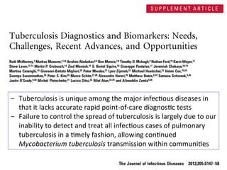 -  Tuberculosis	
  is	
  unique	
  among	
  the	
  major	
  infec3ous	
  diseases	
  in	
  
that	
  it	
  lacks	
  accurate	
  rapid	
  point-­‐of-­‐care	
  diagnos3c	
  tests	
  
-  Failure	
  to	
  control	
  the	
  spread	
  of	
  tuberculosis	
  is	
  largely	
  due	
  to	
  our	
  
inability	
  to	
  detect	
  and	
  treat	
  all	
  infec3ous	
  cases	
  of	
  pulmonary	
  
tuberculosis	
  in	
  a	
  3mely	
  fashion,	
  allowing	
  con3nued	
  
Mycobacterium	
  tuberculosis	
  transmission	
  within	
  communi3es	
  
 