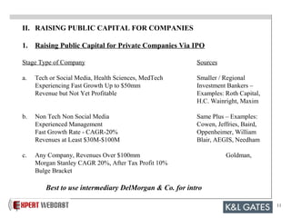 11
II. RAISING PUBLIC CAPITAL FOR COMPANIES
1. Raising Public Capital for Private Companies Via IPO
Stage Type of Company Sources
a. Tech or Social Media, Health Sciences, MedTech Smaller / Regional
Experiencing Fast Growth Up to $50mm Investment Bankers –
Revenue but Not Yet Profitable Examples: Roth Capital,
H.C. Wainright, Maxim
b. Non Tech Non Social Media Same Plus – Examples:
Experienced Management Cowen, Jeffries, Baird,
Fast Growth Rate - CAGR-20% Oppenheimer, William
Revenues at Least $30M-$100M Blair, AEGIS, Needham
c. Any Company, Revenues Over $100mm Goldman,
Morgan Stanley CAGR 20%, After Tax Profit 10%
Bulge Bracket
Best to use intermediary DelMorgan & Co. for intro
 