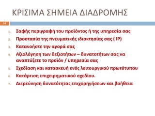 ΚΡΙΣΙΜΑ ΣΗΜΕΙΑ ΔΙΑΔΡΟΜΗΣ
1. Σαφής περιγραφή του προϊόντος ή της υπηρεσία σας
2. Προστασία της πνευματικής ιδιοκτησίας σας ( IP)
3. Κατανοήστε την αγορά σας
4. Αξιολόγηση των δεξιοτήτων – δυνατοτήτων σας να
αναπτύξετε το προϊόν / υπηρεσία σας
5. Σχεδίαση και κατασκευή ενός λειτουργικού πρωτότυπου
6. Κατάρτιση επιχειρηματικού σχεδίου.
7. Διερεύνηση δυνατότητας επιχορηγήσεων και βοήθεια
14
 