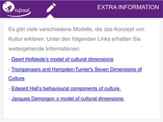 SIMS.U4.E1
Culture of Sharing and Online Reputation Handling (Management)
SIMS.U1.E2
Social Media TechnologiesEXTRA INFORMATION
Es gibt viele verschiedene Modelle, die das Konzept von
Kultur erklären. Unter den folgenden Links erhalten Sie
weitergehende Informationen:
- Geert Hofstede’s model of cultural dimensions.
- Trompenaars and Hampden-Turner's Seven Dimensions of
Culture.
- Edward Hall’s behavioural components of culture.
- Jacques Demorgon s model of cultural dimensions.
 