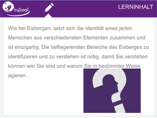 SIMS.U4.E1
Culture of Sharing and Online Reputation Handling (Management)
SIMS.U1.E2
Social Media TechnologiesLERNINHALT
Wie bei Eisbergen, setzt sich die Identität eines jeden
Menschen aus verschiedensten Elementen zusammen und
ist einzigartig. Die tiefliegerenden Bereiche des Eisberges zu
identifizieren und zu verstehen ist nötig, damit Sie verstehen
können wer Sie sind und warum Sie in bestimmter Weise
agieren.
 