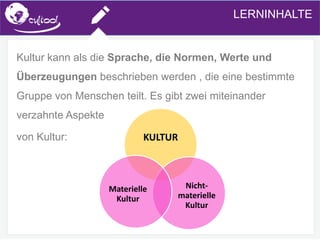 SIMS.U4.E1
Culture of Sharing and Online Reputation Handling (Management)
SIMS.U1.E2
Social Media TechnologiesLERNINHALTE
Kultur kann als die Sprache, die Normen, Werte und
Überzeugungen beschrieben werden , die eine bestimmte
Gruppe von Menschen teilt. Es gibt zwei miteinander
verzahnte Aspekte
von Kultur: KULTUR
Nicht-
materielle
Kultur
Materielle
Kultur
 