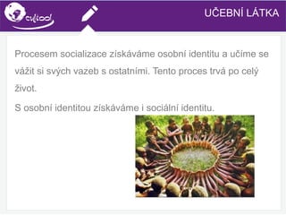 SIMS.U4.E1
Culture of Sharing and Online Reputation Handling (Management)
SIMS.U1.E2
Social Media TechnologiesUČEBNÍ LÁTKA
Procesem socializace získáváme osobní identitu a učíme se
vážit si svých vazeb s ostatními. Tento proces trvá po celý
život.
S osobní identitou získáváme i sociální identitu.
 