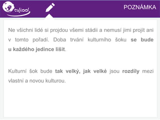 SIMS.U4.E1
Culture of Sharing and Online Reputation Handling (Management)
SIMS.U1.E2
Social Media TechnologiesPOZNÁMKA
Ne všichni lidé si projdou všemi stádii a nemusí jimi projít ani
v tomto pořadí. Doba trvání kulturního šoku se bude
u každého jedince lišit.
Kulturní šok bude tak velký, jak velké jsou rozdíly mezi
vlastní a novou kulturou.
 