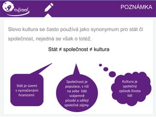 SIMS.U4.E1
Culture of Sharing and Online Reputation Handling (Management)
SIMS.U1.E2
Social Media TechnologiesPOZNÁMKA
Slovo kultura se často používá jako synonymum pro stát či
společnost, nejedná se však o totéž.
Stát ≠ společnost ≠ kultura
Stát je území
s vyznačenými
hranicemi
Společnost je
populace, v níž
na sebe lidé
vzájemně
působí a sdílejí
společné zájmy
Kultura je
společný
způsob života
lidí
 