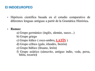 El INDOEUROPEO
 Hipótesis científica basada en el estudio comparativo de
diferentes lenguas antiguas a partir de la Gramática Histórica.
 Ramas:
a) Grupo germánico (inglés, alemán, sueco...)
b) Grupo griego
c) Grupo itálico ( osco-umbro, LATÍNLATÍN )
d) Grupo céltico (galo, irlandés, bretón)
e) Grupo báltico (lituano, letón)
f) Grupo asiático (sánscrito, antiguo indio, veda, persa,
hitita, tocario)
 