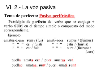 VI. 2.- La voz pasiva
Tema de perfecto: Pasiva perifrástica
Participio de perfecto del verbo que se conjuga +
verbo SUM en el tiempo simple o compuesto del modo
correspondiente.
Ejemplo:
amatus-a-um sum / (fui) amati-ae-a sumus / (fuimus)
“ “ “ es / fuisti “ “ “ estis / (fuistis)
“ “ “ est / fuit “ “ “ sunt / (fuerunt /
fuere)
puella amata est / puer amatus est
puellae amatae sunt / pueri amati sunt
 