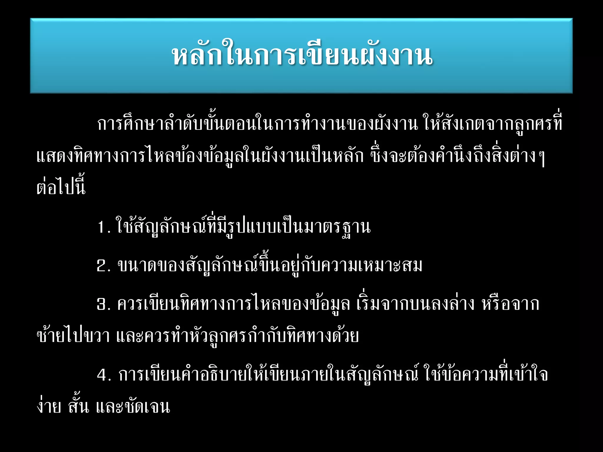 หลักในการเขียนผังงาน
การศึกษาลาดับขั้นตอนในการทางานของผังงาน ให้สังเกตจากลูกศรที่
แสดงทิศทางการไหลข้องข้อมูลในผังงานเป็นหลัก ซึ่งจะต้องคานึงถึงสิ่งต่างๆ
ต่อไปนี้
1. ใช้สัญลักษณ์ที่มีรูปแบบเป็นมาตรฐาน
2. ขนาดของสัญลักษณ์ขึ้นอยู่กับความเหมาะสม
3. ควรเขียนทิศทางการไหลของข้อมูล เริ่มจากบนลงล่าง หรือจาก
ซ้ายไปขวา และควรทาหัวลูกศรกากับทิศทางด้วย
4. การเขียนคาอธิบายให้เขียนภายในสัญลักษณ์ ใช้ข้อความที่เข้าใจ
ง่าย สั้น และชัดเจน
 