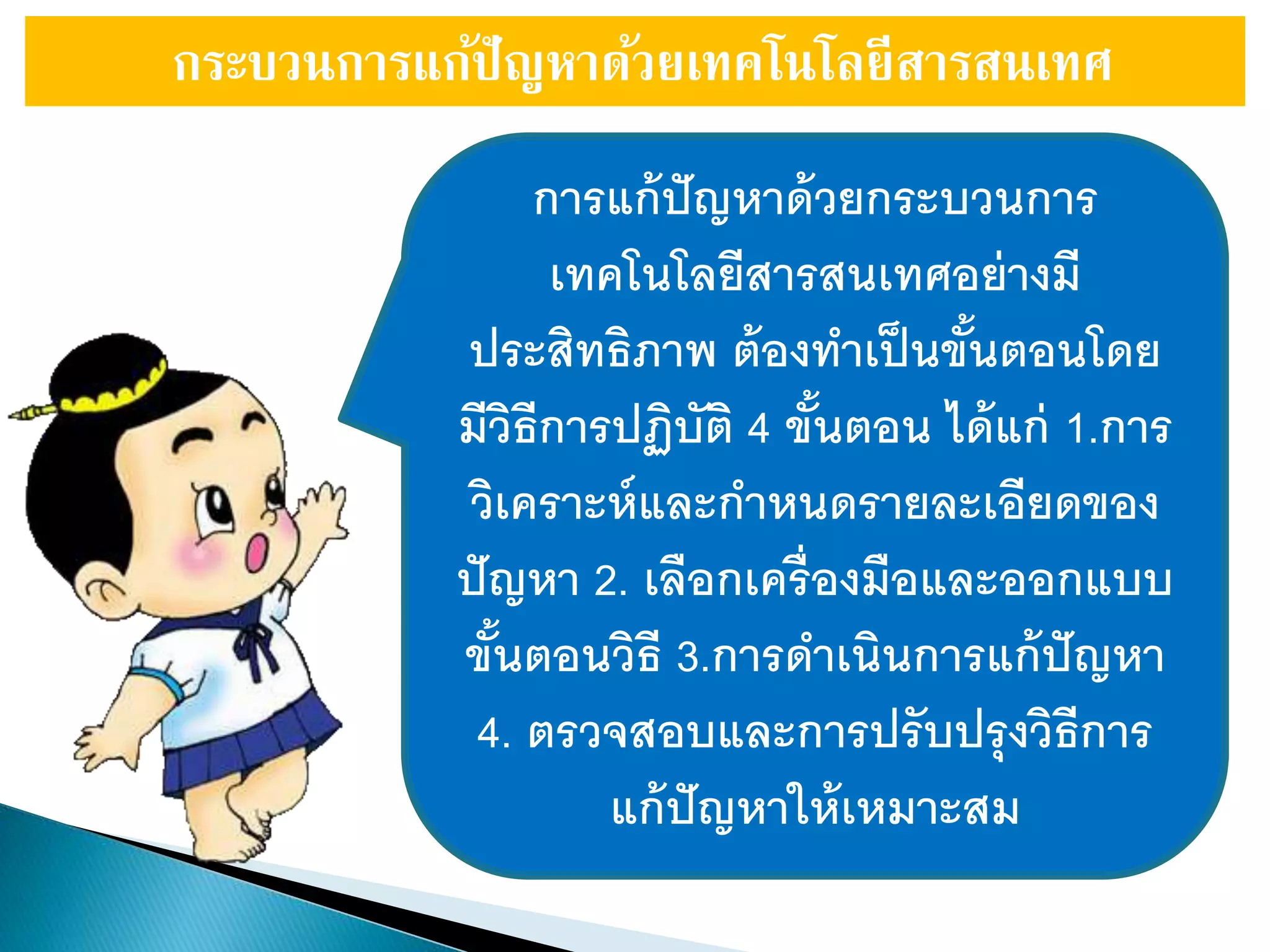 กระบวนการแก้ปัญหาด้วยเทคโนโลยีสารสนเทศ
การแก้ปัญหาด้วยกระบวนการ
เทคโนโลยีสารสนเทศอย่างมี
ประสิทธิภาพ ต้องทาเป็นขั้นตอนโดย
มีวิธีการปฏิบัติ 4 ขั้นตอน ได้แก่ 1.การ
วิเคราะห์และกาหนดรายละเอียดของ
ปัญหา 2. เลือกเครื่องมือและออกแบบ
ขั้นตอนวิธี 3.การดาเนินการแก้ปัญหา
4. ตรวจสอบและการปรับปรุงวิธีการ
แก้ปัญหาให้เหมาะสม
 
