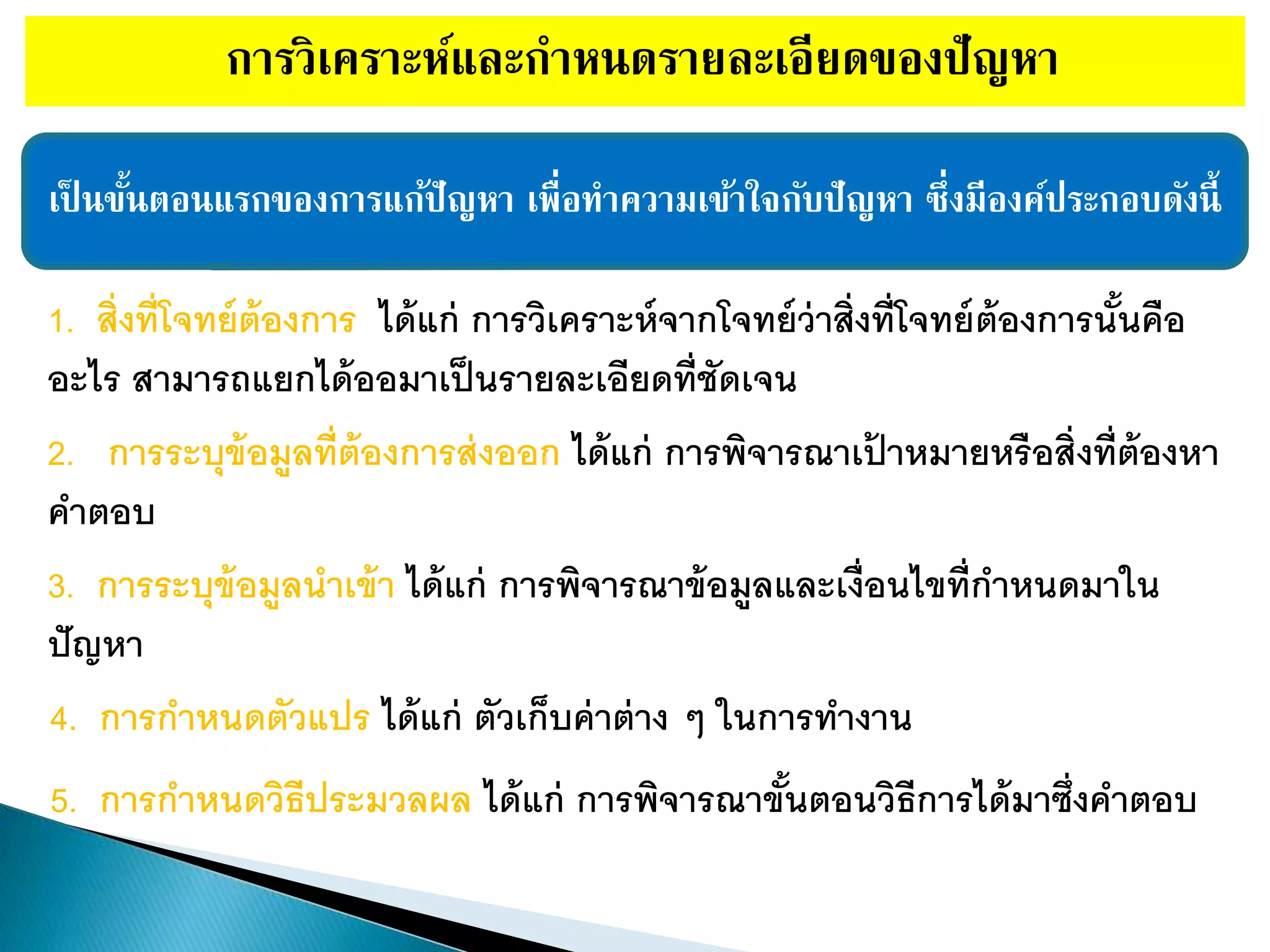 การวิเคราะห์และกาหนดรายละเอียดของปัญหา
เป็ นขั้นตอนแรกของการแก้ปัญหา เพื่อทาความเข้าใจกับปัญหา ซึ่งมีองค์ประกอบดังนี้
1. สิ่งที่โจทย์ต้องการ ได้แก่ การวิเคราะห์จากโจทย์ว่าสิ่งที่โจทย์ต้องการนั้นคือ
อะไร สามารถแยกได้ออมาเป็นรายละเอียดที่ชัดเจน
2. การระบุข้อมูลที่ต้องการส่งออก ได้แก่ การพิจารณาเป้ าหมายหรือสิ่งที่ต้องหา
คาตอบ
3. การระบุข้อมูลนาเข้า ได้แก่ การพิจารณาข้อมูลและเงื่อนไขที่กาหนดมาใน
ปัญหา
4. การกาหนดตัวแปร ได้แก่ ตัวเก็บค่าต่าง ๆ ในการทางาน
5. การกาหนดวิธีประมวลผล ได้แก่ การพิจารณาขั้นตอนวิธีการได้มาซึ่งคาตอบ
 