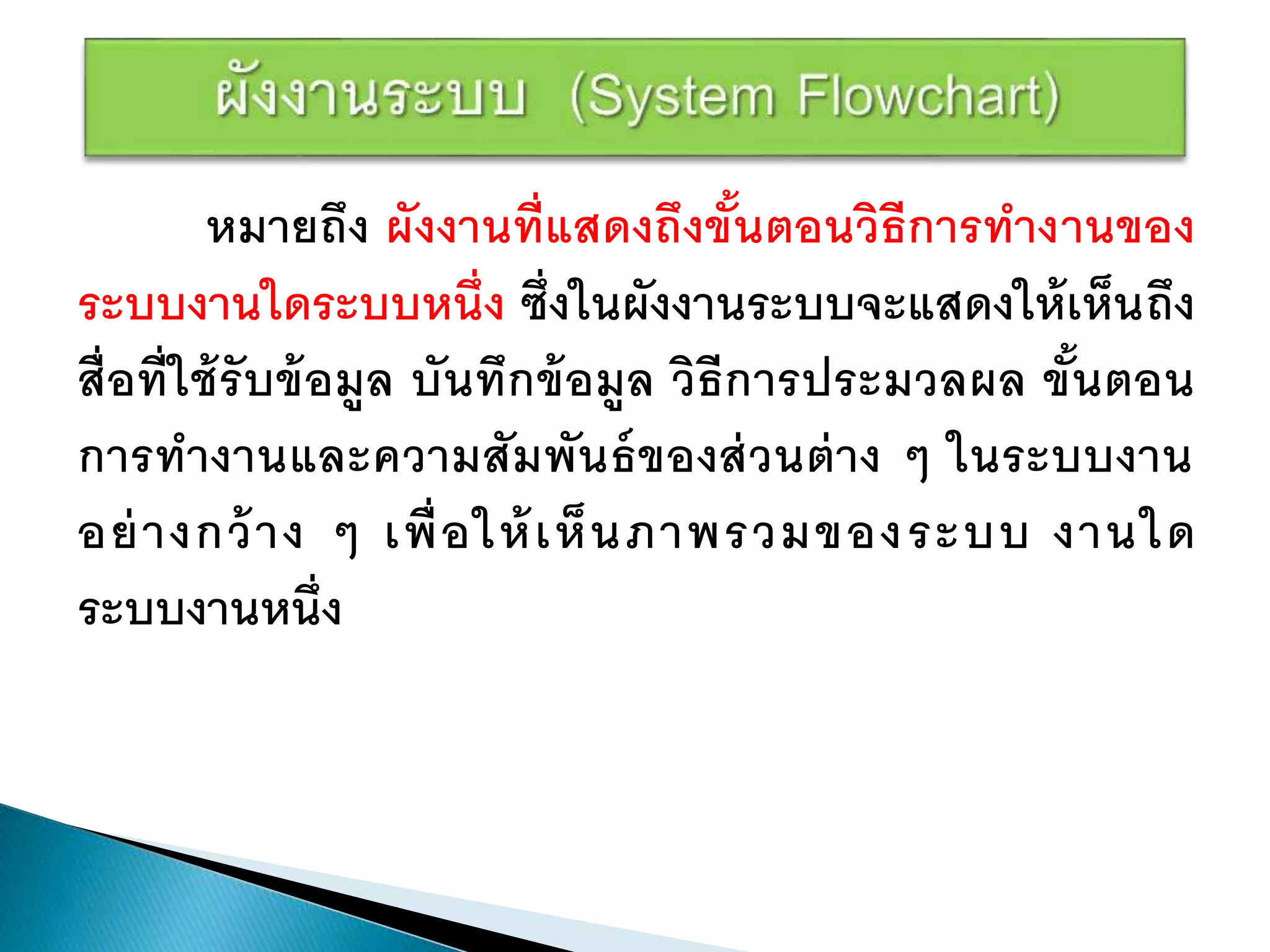 หมายถึง ผังงานที่แสดงถึงขั้นตอนวิธีการทางานของ
ระบบงานใดระบบหนึ่ง ซึ่งในผังงานระบบจะแสดงให้เห็นถึง
สื่อที่ใช้รับข้อมูล บันทึกข้อมูล วิธีการประมวลผล ขั้นตอน
การทางานและความสัมพันธ์ของส่วนต่าง ๆ ในระบบงาน
อย่างกว้าง ๆ เพื่อให้เห็นภาพรวมของระบบ งานใด
ระบบงานหนึ่ง
 